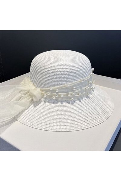 STARSTAR Pearl lace straw hat, suitable for women, summer beach vacation sun ...