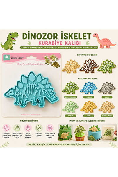 pratikpastacılık Dinosaur Skeleton Cookie Mold – 3D Fossil Patterned Dinosaur...