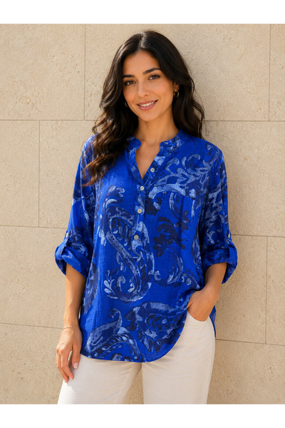 AGORATEKSTİL Women's Original Italian Cotton Fabric 3 Buttons Patterned Shirt...
