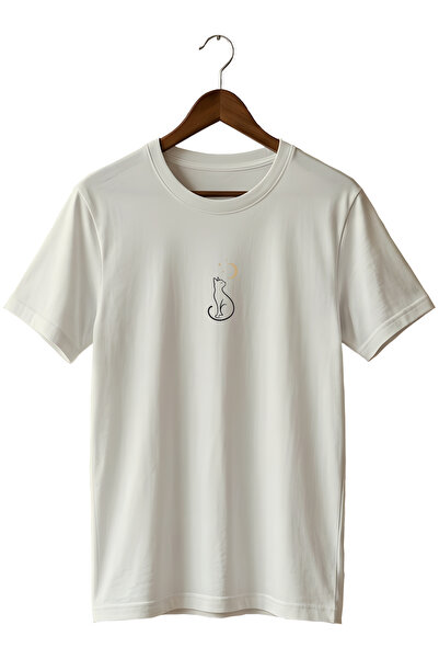 remonz Minimal Cat and Crescent Star Printed Unisex T-Shirt Cotton Crew Neck ...