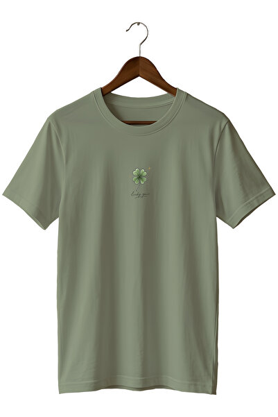 WİDİ Four Leaf Clover Lucky You Printed Unisex T-Shirt Minimal Cotton Crew Ne...