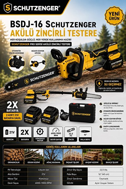 SCHUTZENGER DJ16 ŞARJLI TELESKOPİK DAL AĞAÇ KESME MAKİNESİ 40cm PALA ÇİFT AKÜ...