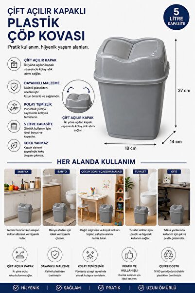 Akyüz Plastik 🗑️   5 Liter Glossy Anthracite Plastic Trash Can |   Double Op...