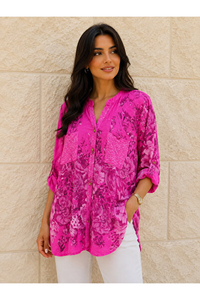 AGORATEKSTİL Women's Original Italian Patterned Shirt with Stamped Pockets Pl...