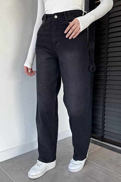 GÜLSELİ Anthracite Women's High Waist Jean Denim Pants with Belt Buckle