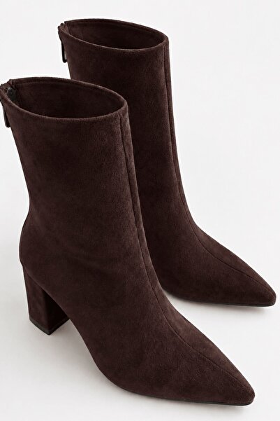 İX Daisy Women's Brown Suede Boots - Pointed Toe Thick Heeled Brown Boots wit...
