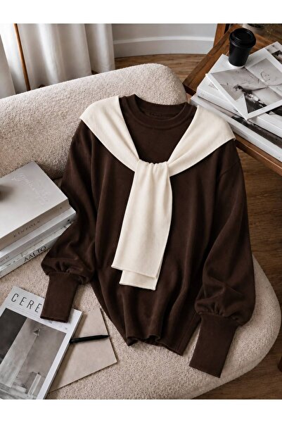 STF MODA Women's Coffee-Colored Knitted Sweater with Shoulder Straps, Oversiz...