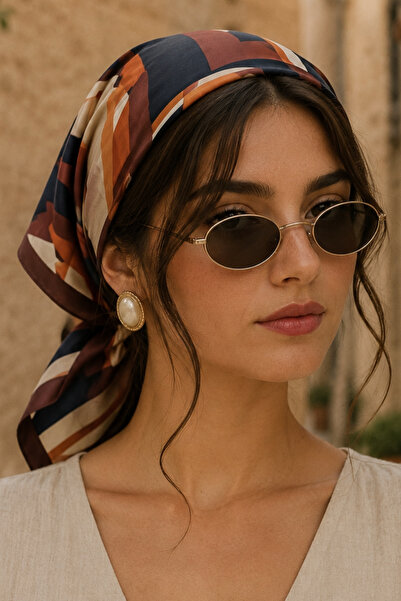 AFVENTE Abstract Geometry Pattern Tan Satin Bandana Scarf 50×50 cm