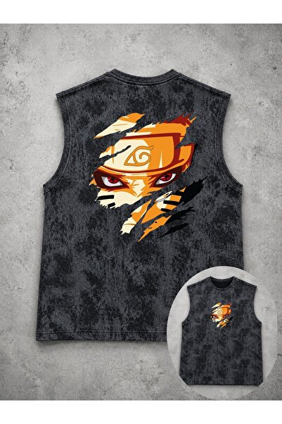 classy moda Unisex Black Washed Sleeveless Tank Top with Anime Print on the Back
