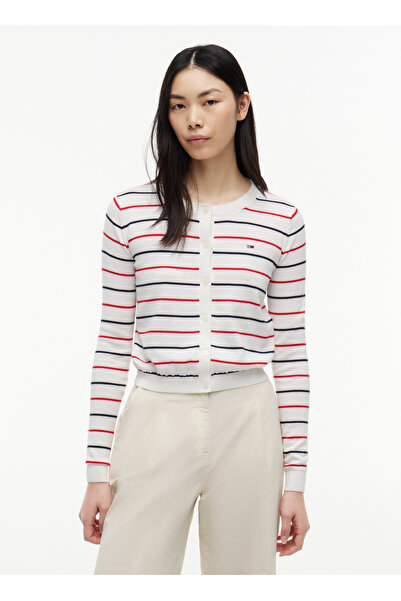 Tommy Jeans Beyaz Kadın Bisiklet Yaka Çizgili Hırka DW0DW209760FB