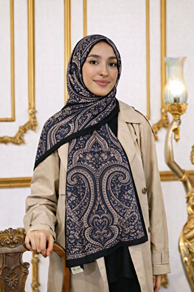SHAWL SECRET Glamour Cotton Ethnic Soft Shawl 52831 Navy Blue Cream Ethnic Pa...