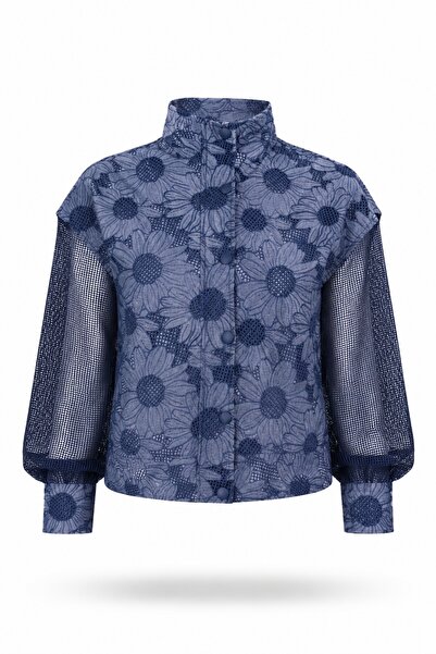 5in1Canpolat Navy Blue Floral Patterned Jacket with Mesh Detail 37651