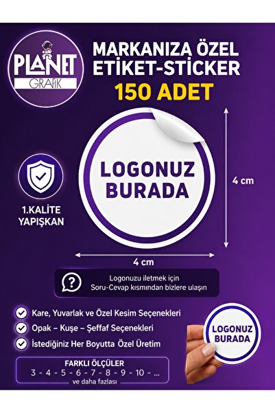 Genel Markalar Logo Sticker 4 CM (Kişiye Özel) 150 Adet Yapışkanlı Etiket