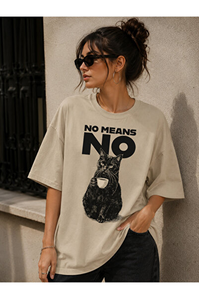 ENB1R MODA Γυναικείο μπλουζάκι Oversize με στάμπα γάτας No Means No, μαύρο με...