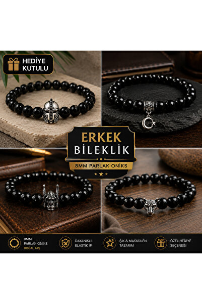 Kusakli Set of 4 Men's Bracelets 8mm Glossy Onyx Natural Stone with Helmet, S...