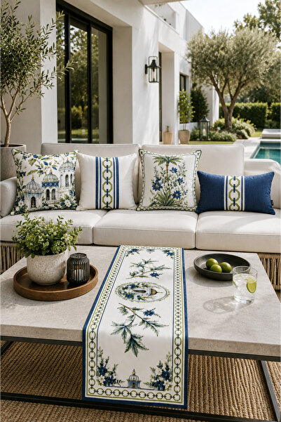 MUN HOME Palazzo 5 Piece Botanical Throw Pillow Cover and Runner Set Navy Blu...