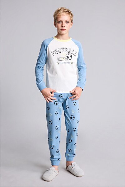 DeFacto 100% Cotton Regular Fit Football Printed Raglan Sleeves Top Elasticiz...