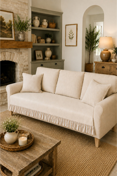 linea natura home Çizgili kahverengi Keten Fırfırlı Koltuk Örtüsü Bohem Dekor...
