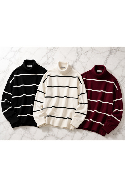 DepoExport Women's 3-Piece Striped Knitwear Sweater Oversize Loose Design