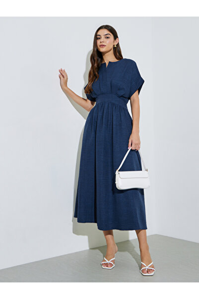 Styli Navy Blue Solid Pocket Detail Cap Sleeves A-Line Maxi Dress