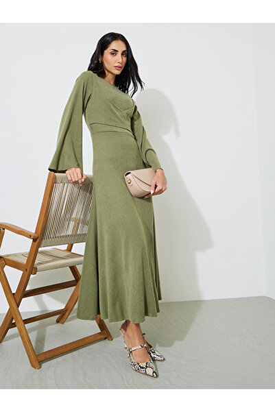 Styli Green Textured Long Sleeves A-Line Maxi Dress