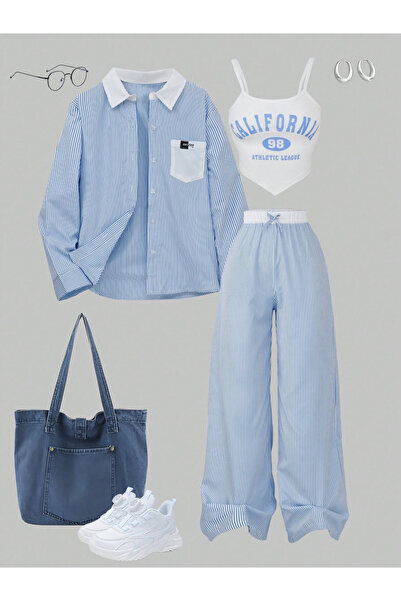 Take Two By Styli Girls Printed Top, Striped Shirt and Pants Set