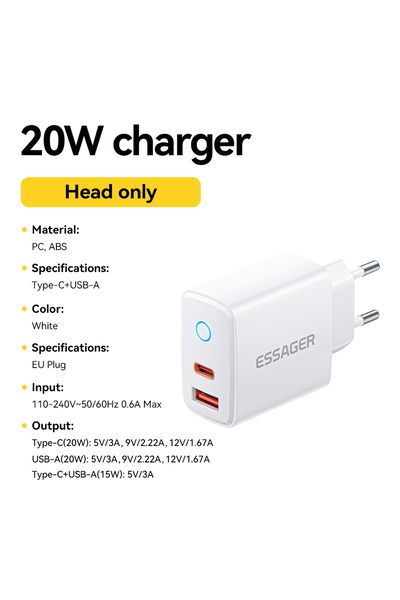 Choice ESSAGER 20W EU Plug White Essager PD 20W Fast Charging Portable Charge...