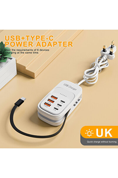 Choice5 UK-3A3C White 6 Ports Charger 1m USB+Type-C PD Fast Charging Phones A...