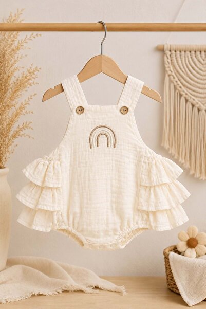 Mnk Baby&Kids Rainbow Detailed 100% Cotton Muslin Baby Romper M00852 Open Ecru