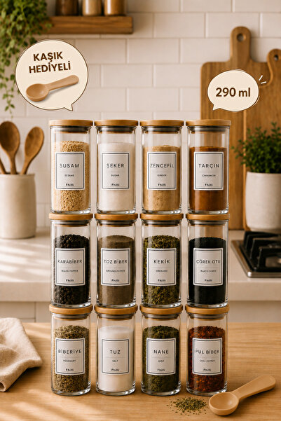 Fhilli Mira – 12'li Bambu Kapaklı Cam Baharatlık Seti – 290 ml – Kaşık Hediyeli