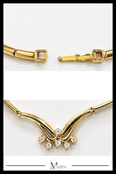 MAZEN VIP Özel Tasarım Zirkon Taşlı Kavis Detaylı Gold Choker Kolye