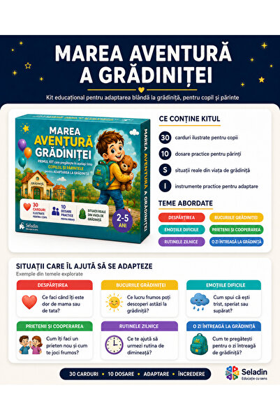 SELADIN Joc Educativ, Seladin, MAREA AVENTURA A GRADINITEI, Kit pentru adaptarea la gradinita, 30 carduri pentru copii si 10 dosare pentru parinti, 2-5 ani