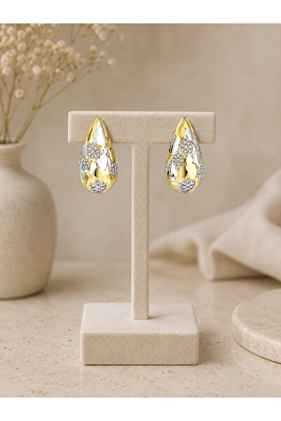 ANKA JEWELLRY Gold Sari Damla Model Zircon Stone Earrings
