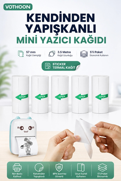 Vothoon Kendinden Yapışkanlı Çocuk Kamera Baskı Kağıdı, 5'li Rulo 57X25MM Bas...