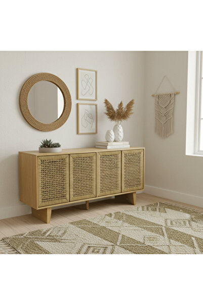 BEC17 Modern Wooden 4-Door Rattan Woven Buffet Sideboard Cabinet