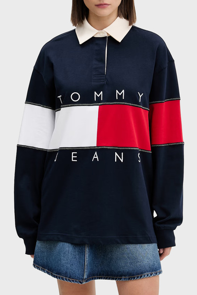 Tommy Jeans Tommy Hilfiger Logolu Pamuklu Oversize Polo Yaka Sweat Kadın SWEA...