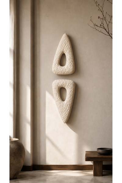 Muyika Design Wabi Sabi Duvar Dekoru 2'li Set Siyah Beton Taş Görünümlü Dokulu Soyut Duvar Pano Obje MUYİKA-2'li Üçgen Krem