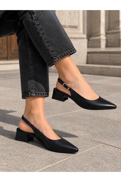 asmi shoes Women's Solvi Black Leather 3 cm Short Heeled Open Back Shoes
