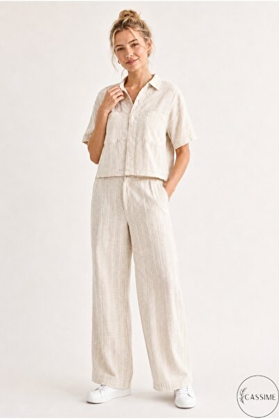 Cassime Set de pantaloni și cămașă din in, cu dungi crem, pentru femei
