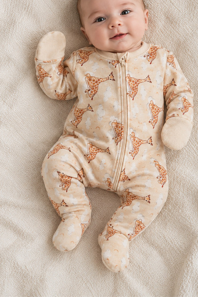 Billy Baby Dıştan Dikişli Unisex Zürafa Desenli Fermuarlı Ayaklı Pamuklu Bebe...