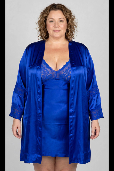 Truva XXL Plus Size Lace Satin Nightgown Dressing Gown Set Saks Blue