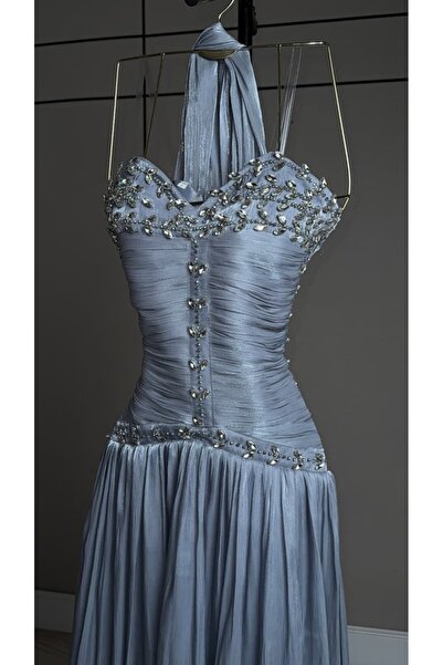 Bamah Grey Evening Gown with High-End Hand Embroidery, Corset Design, Soft Pl...