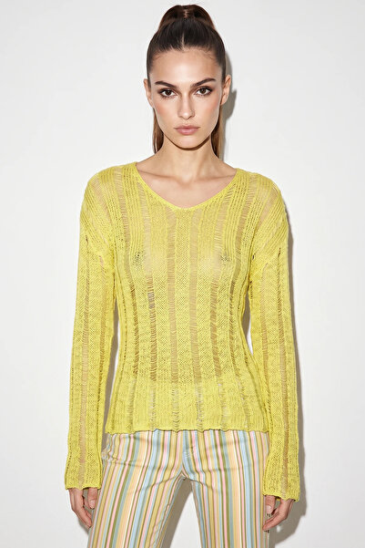 Efnaz style Women's Openwork Casual Mercerized Premium Knitwear Yellow Blouse
