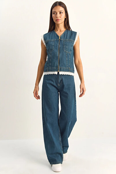 Efnaz style Women's Lace Detailed Denim Vest and Wide Leg Navy Blue Trousers Set