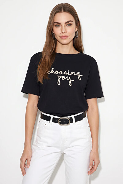 Şeker Portakalım Women's Embroidered Text Embroidered Boat Neck T-Shirt Black