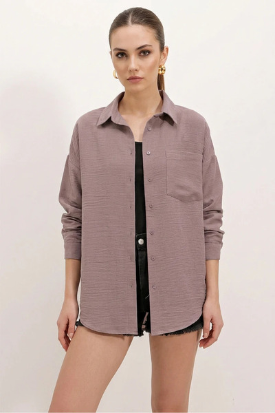 Efnaz style Women's Single Pocket Oversize Linen Dark Lilac Shirt with Pockets