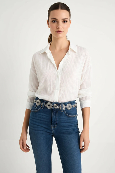 Efnaz style Women's Self-Striped Half-Sleeve White Shirt with Single Pocket D...