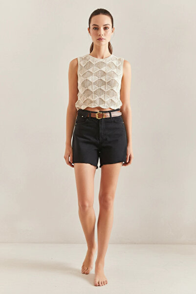 Efnaz style Women's Belted Canvas Gabardine Denim Black Shorts