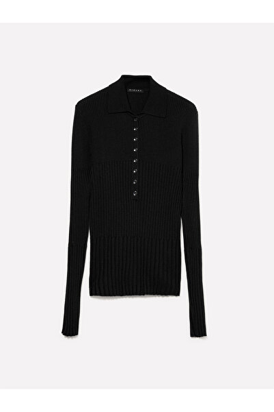 Sisley Kadın Siyah Viskoz ve Yün Karışımlı Düğmeli Slim Fit Polo Yaka Kazak