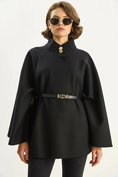 Generic Brand Women's Gold Button Detailed Stand Collar Belted Poncho Black